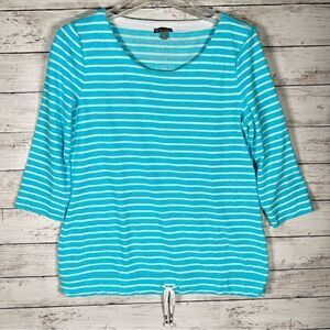 TALBOTS Striped Terry Cloth Top Drawstring Hem Turquoise White MP